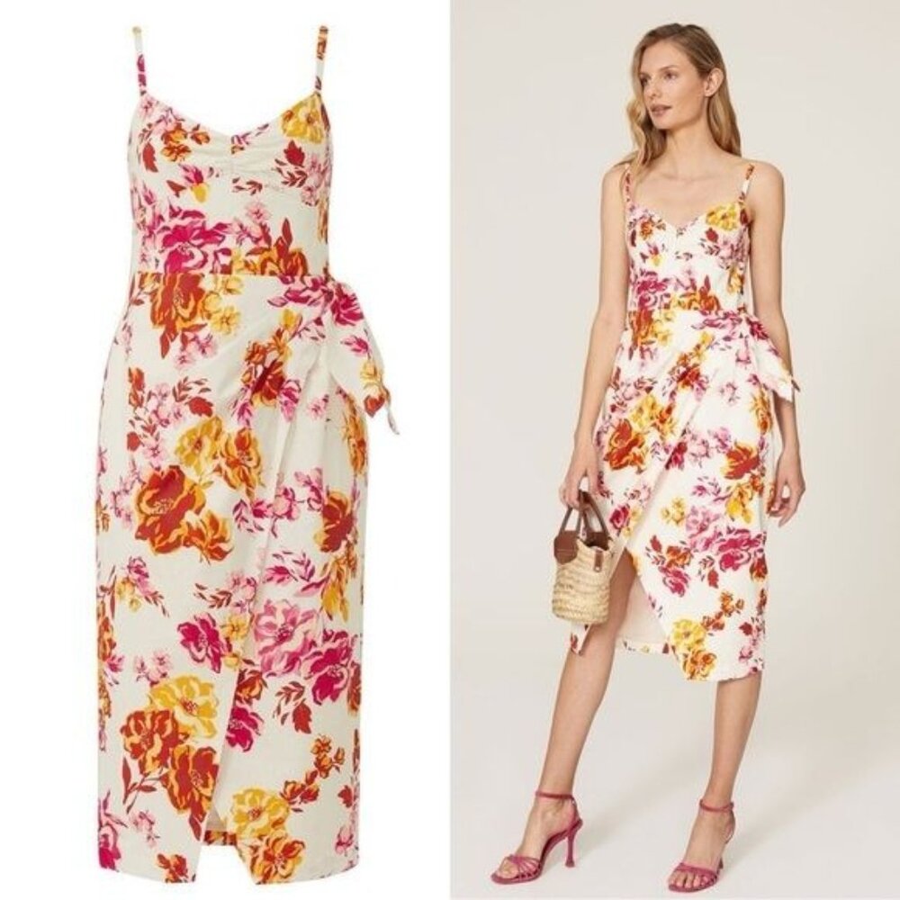 Great Jones Floral Midi Dress 2 Bow Wrap Slit Tropical Smock